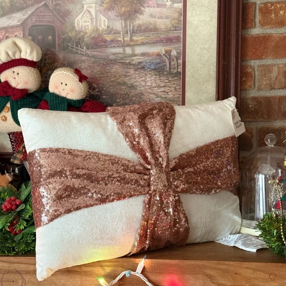 Sequin Rose Gold Holiday Pillow with Bow Accent New 125.00